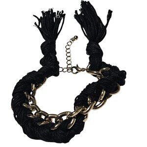 Elegant Black Braided Rope Gold Tone Chain Bracelet Tassel Ends Statement Women